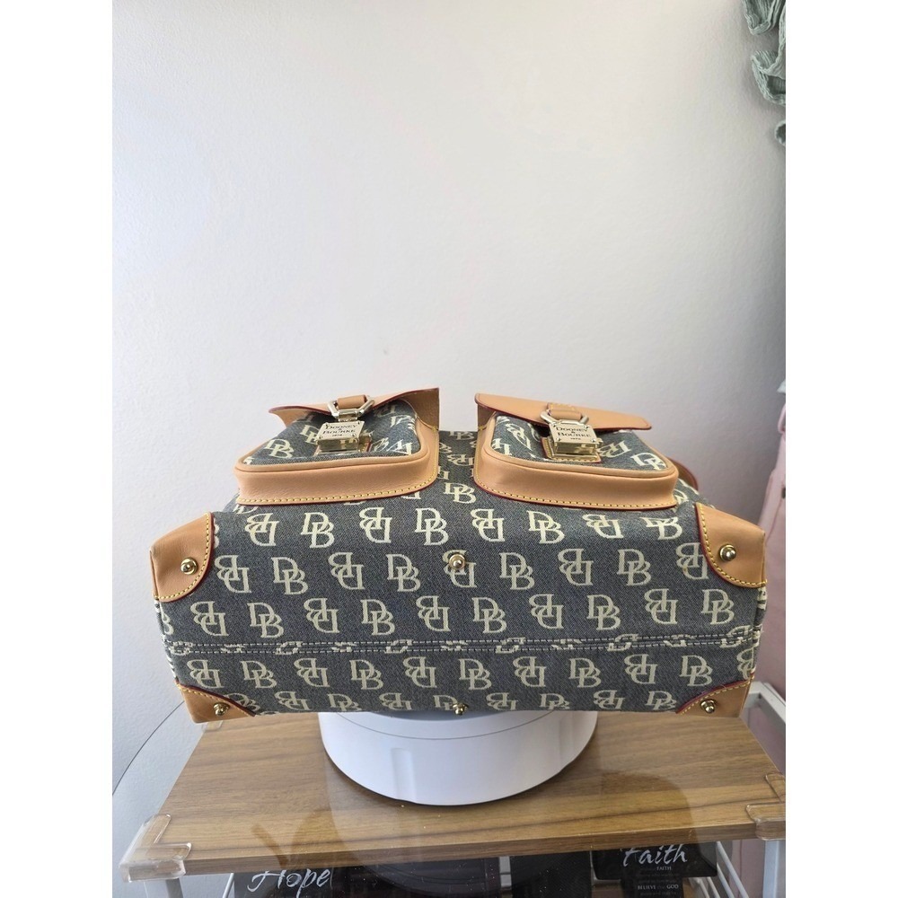 Dooney & Bourke Signature Monogram Canvas Satchel Grey Tan Leather Trim Bag - Picture 3 of 16